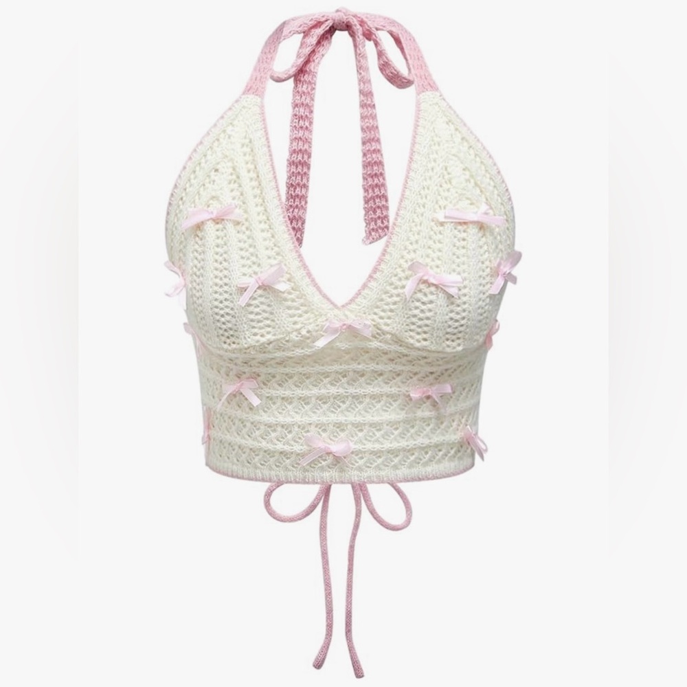 Elegant Crochet Halter Top - Cream and Pink